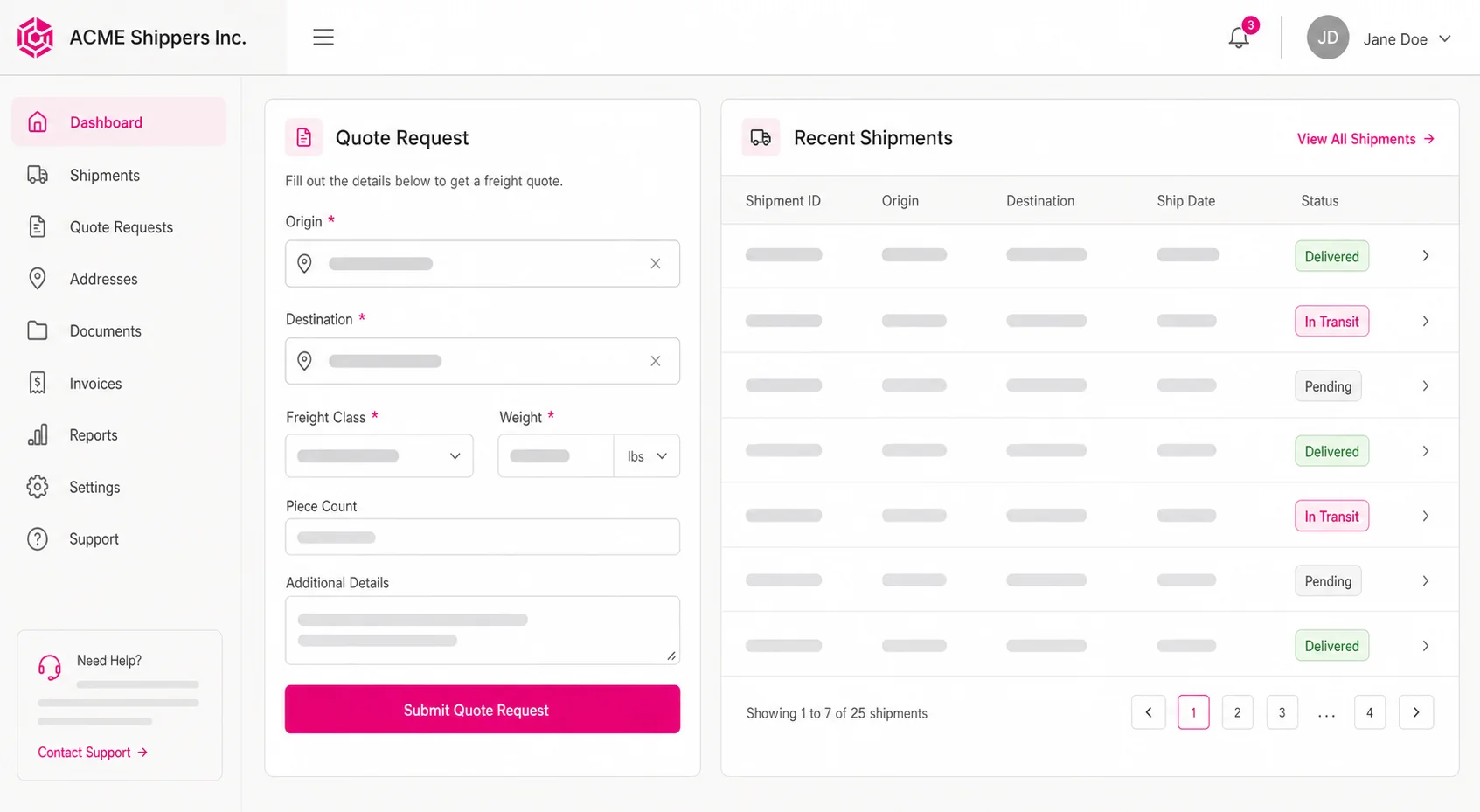 Shipper portal interface